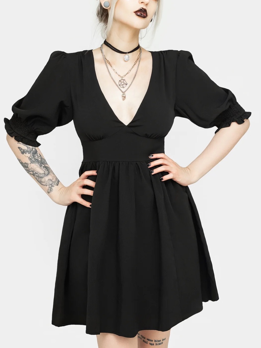 Disturbia Black V-Neck Puff Sleeve Dress